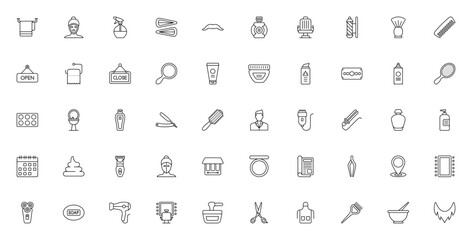 Barber shop icon set. Vector barbering and grooming essentials. Includes towel, razor, trimmer, scissors, chair, pole, comb, brush, shampoo, mirror and more. Editable stroke.