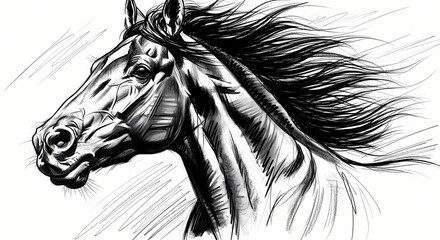 Dynamic Pen and Ink Illustration of a Horse Head with Flowing Mane