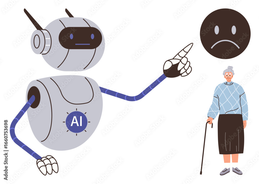 Poster ai robot analyzing an elderly womans emotions using facial recognition and pointing to a sad face ic