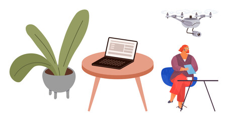 Potted plant beside a laptop on a round table, woman holding a tablet at a desk, drone in flight. Ideal for work-life balance, innovation, productivity, technology, creativity, remote work