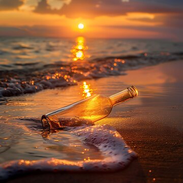 Message in a bottle on the beach at sunset.