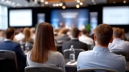 Focus audience attends business conference. Viewers observe stage, listening intently. Event presenters, panels, speakers share ideas. People gather, network, collaborate. Venue setting promotes