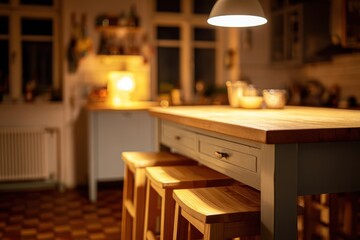 Cozy kitchen at night with warm lighting illuminating wooden table and stools, creating a welcoming atmosphere
