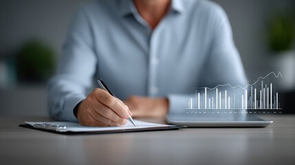 Person, wearing blue, writes, while reviewing financial report. Digital data projections, like graph, appear near tablet. Business, investment, technology, charts, planning, strategies, paperwork,