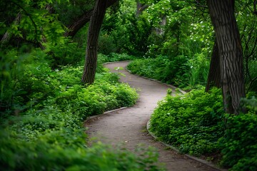 Walkway in the park with green trees and bushes. Nature background.