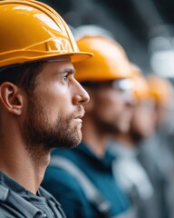 Group construction workers stand together, wearing protective helmets. Each person has serious expression, looking toward common direction. These individuals represent unity within their profession.
