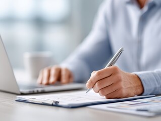 Fototapeta premium Close-up view shows person working. They're using laptop, writing, plus holding pen over paperwork. Business professional focuses their attention, studying charts. Workspace includes charts