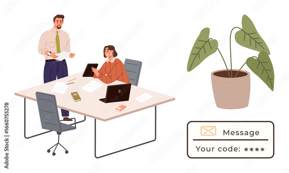 Aufkleber two colleagues working at a shared desk with laptops, papers, and phones. a potted plant and secure 
