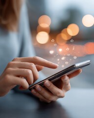 Woman's hand uses social media while holding device. Digital hearts, likes, appear from touch. Modern technology, social networking concept. Blurry background creates soft focus feel, highlighting