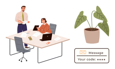 Two colleagues working at a shared desk with laptops, papers, and phones. A potted plant and secure message with code highlight workplace focus and cybersecurity. Ideal for teamwork, productivity