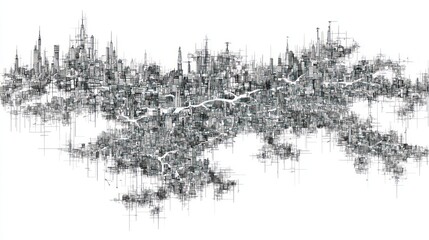 Obraz premium Dense, sprawling abstract cityscape rendered in detailed, fine line work