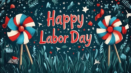 "Happy Labor Day" Cursive Text|Dark Grass American Flag Pinwheels Hyper-realistic