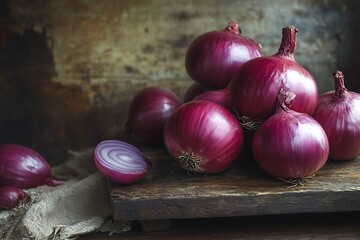 Red onions on a wooden background.