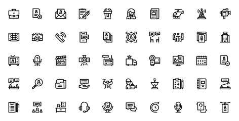 Interview icon set. Business vector illustrations. Includes symbols for media, journalism, HR, hiring, camera, microphone, smartphone, test, and more. Editable stroke.