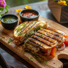 Vegetarian sandwich with vegetables and pesto sauce on wooden board.