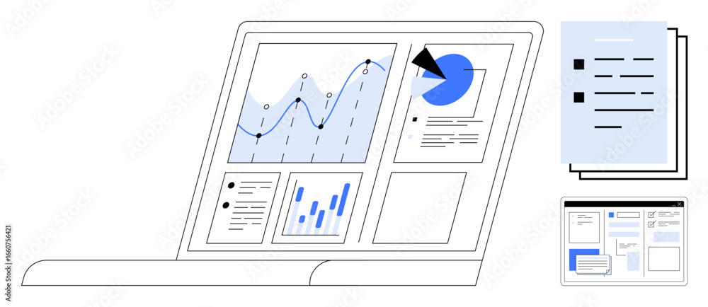 Poster laptop screen illustrating data analytics with graphs, charts, and reports. additional documents and