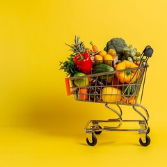 Shopping cart full of fresh vegetables on yellow background.