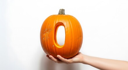 Hand Holding a Vibrant Orange Pumpkin with a Carved Numeral Zero
