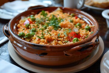 Vegetable pilaf with carrot, green peas and onion.