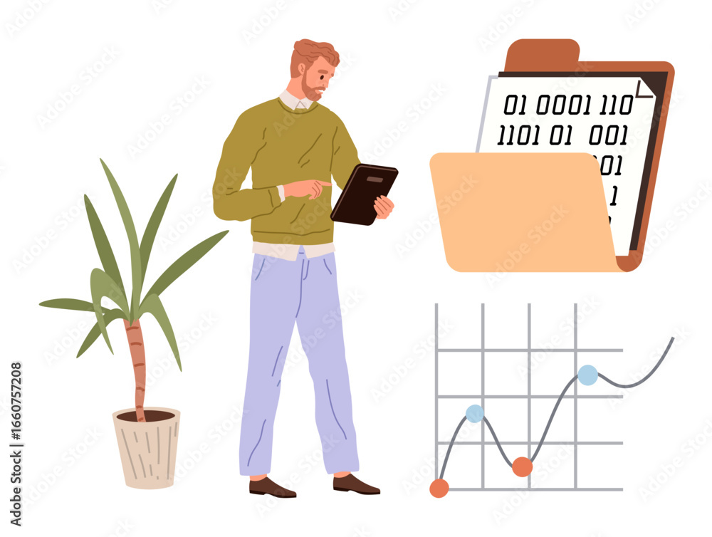 Fototapete man examines tablet beside potted plant, data folder with binary code, and line graph. ideal for bus