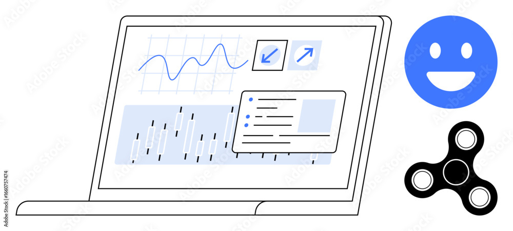 Poster laptop displaying graphs, charts, and interactive elements, paired with a smiling face and spinner t