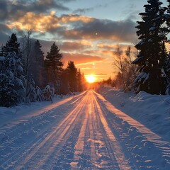 Winter road through the forest at sunset.