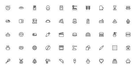 Bakery icon set. Vector illustration. Includes symbols for cookie, chocolate, bread, cake, cupcake, oven, baker, pastry and more. Editable stroke.