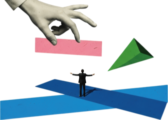 Man in suit balancing on blue platforms with pink rectangle and green pyramid hand manipulating shapes transparent background