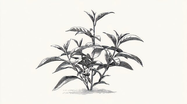 Botanical etching shows a leafy plant with elongated leaves on light background
