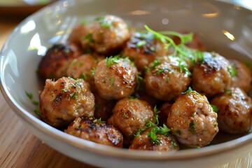 Meatballs with mashed potatoes in a frying pan on a wooden table.