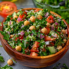 Tabbouleh salad with chickpeas, tomatoes, onion and parsley in a bowl .
