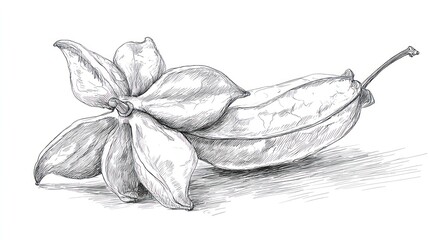 Botanical drawing seed pods bloom open