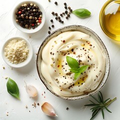 Mayonnaise in a bowl with rosemary and spices on a white background.