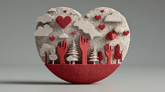 Symbolic World Humanitarian Day composition, minimalist icons with red hearts and hands