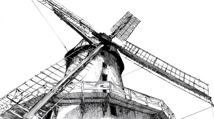 Obraz premium Detailed pen drawing of a windmill with large blades against a white sky