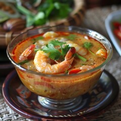 Bowl of spicy soup with shrimps,