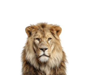 Close-up half-body portrait of a lion facing forward with intense gaze