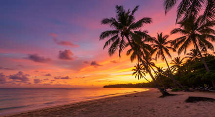 Fototapeta premium Beautiful tropical beach landscape with palm trees and sunset sky — summer paradise vacation background