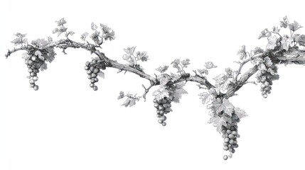 Grapevine illustration with bunches of grapes, leaves, & curling tendrils