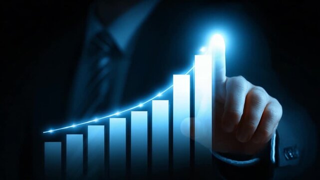 Projected growth chart, hand touching upward trend