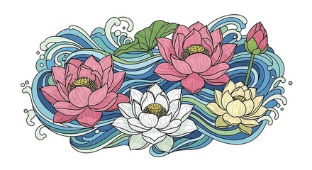Elegant lotus blossoms float gracefully on stylized ocean waves illustration