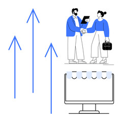 Team members shaking hands while holding documents, blue growth arrows, and a desktop monitor with a notebook. Ideal for teamwork, growth, success, strategy, networking, professional communication