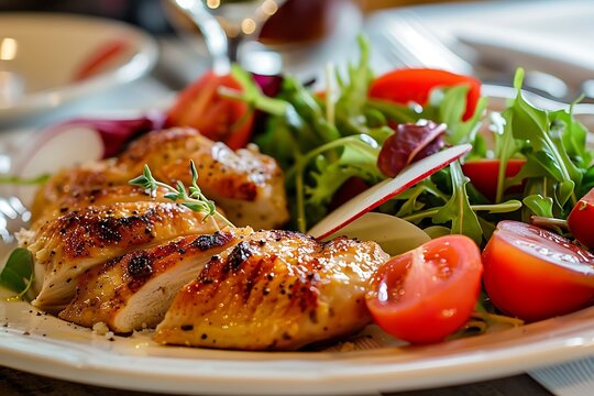 Grilled chicken breast with french fries and vegetables on a plate.