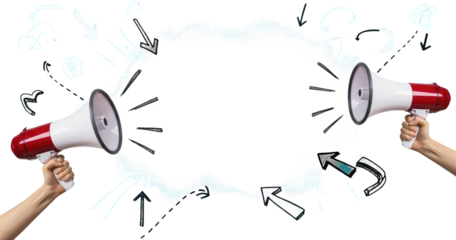Two hands hold megaphones emitting sound waves towards a white cloud shape with drawn arrows and scribbles transparent background
