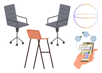 Three chairs in modern style, communication icons with gears, sphere diagram, and a hand tapping a smartphone payment app. Ideal for teamwork, technology, security, innovation, design communication