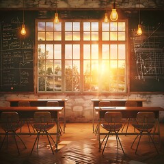 Classroom interior with wooden floor, windows and chairs.
