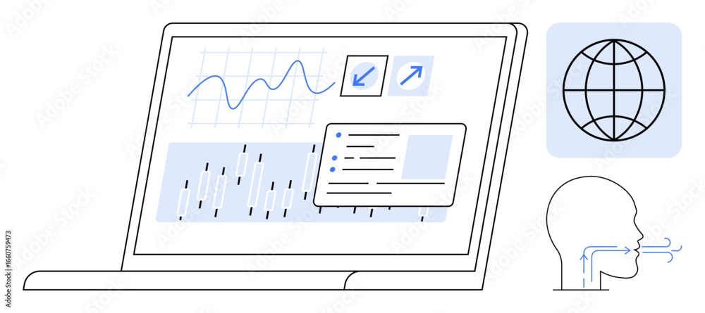Poster laptop displaying analytics graphs, search features, and reports. globe for global reach, head with 