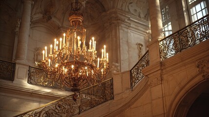 An ornate antique chandelier illuminates a magnificent palace staircase with warm, golden sunlight.