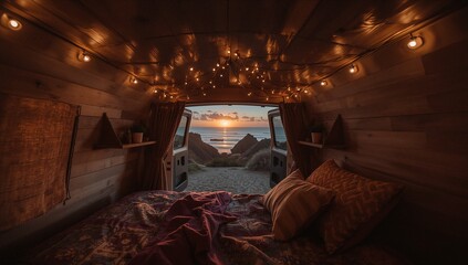 Sunset view from a cozy van bed, warm lighting and comfortable interior.