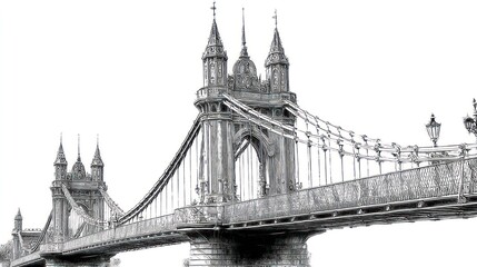 Ornate, stone bridge with turrets, arches, and suspension cables